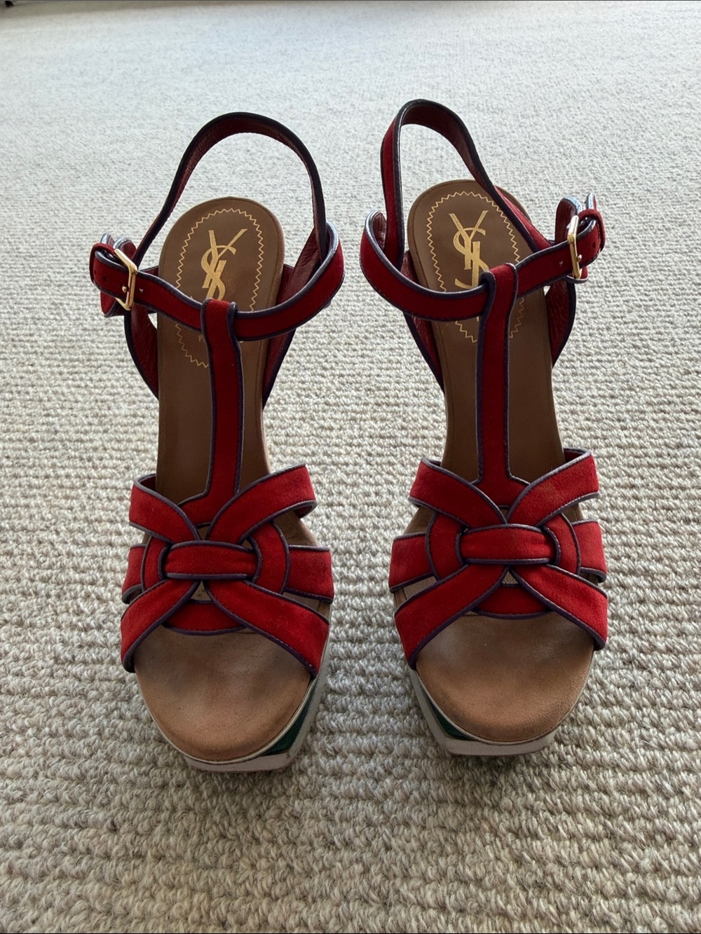 YSL Saint Laurent Tribute Red Suede Knotted T-Strap Platform Sandals- deal! Bag - Picture 3 of 13